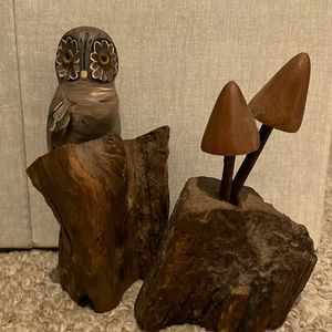 Wood Carved Owl and Mushrooms